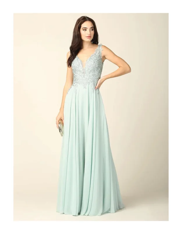 Lace Bodice Chiffon A-line Formal Evening Dress With V-neck And Open Back