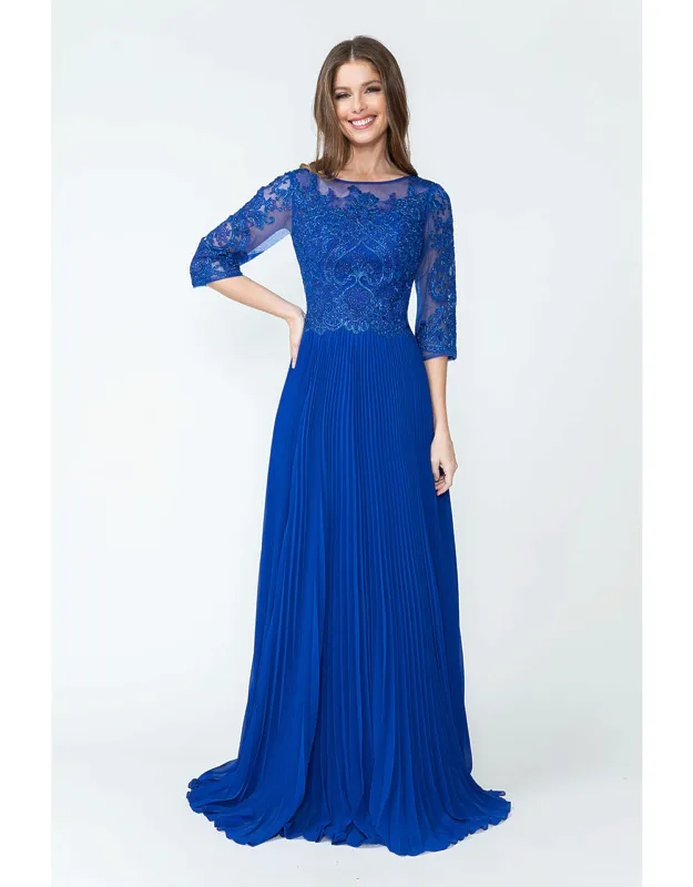 Pleated A-line Dress With Lace Bodice & 3/4 Sleeves