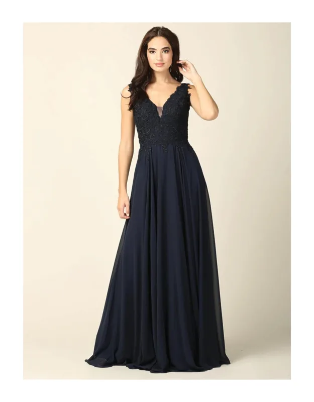 Lace Bodice Chiffon A-line Formal Evening Dress With V-neck And Open Back