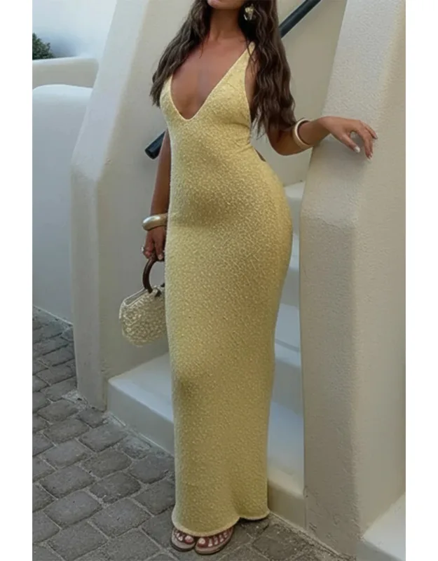 V Neck Halter Cross Back Maxi Dress