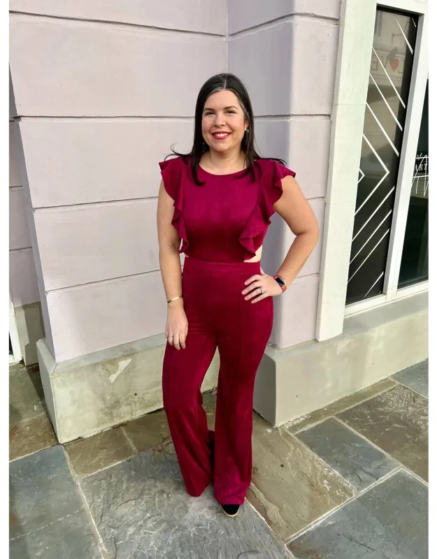 Ruffle Trim Faux Suede Wide Leg Jumpsuit