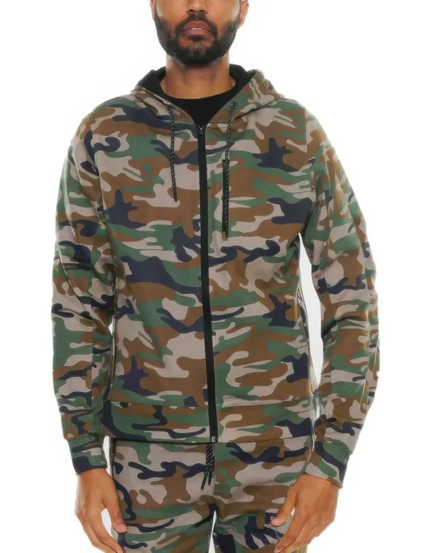 Solid Heathered Zip Up Jacket, Adjustable Drawcord Hood