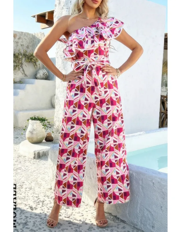 Allover Print One Shoulder Ruffle Belt Jumpsuit