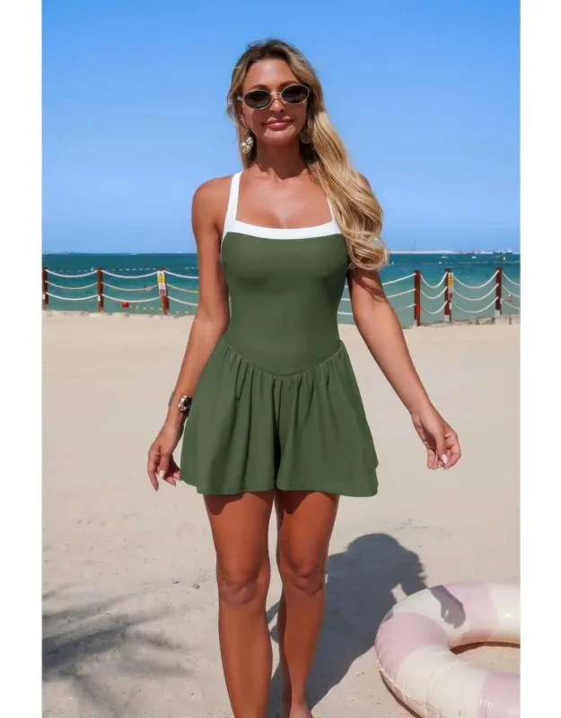 One-piece Solid Elastic Sleeveless Skirt Swimsuit