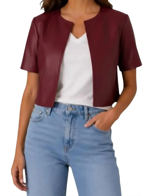 Faux Leather Short Sleeve Collarless Jacket