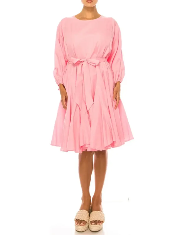 Long Sleeve Belted Godet Skirt Flared Dress