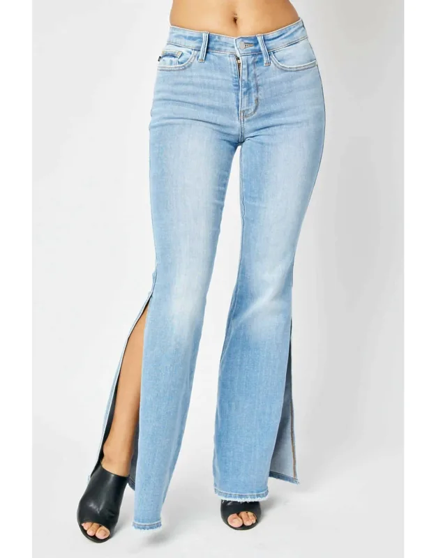 Mid-rise Peak-a-boot Hem Slit Flare Jeans