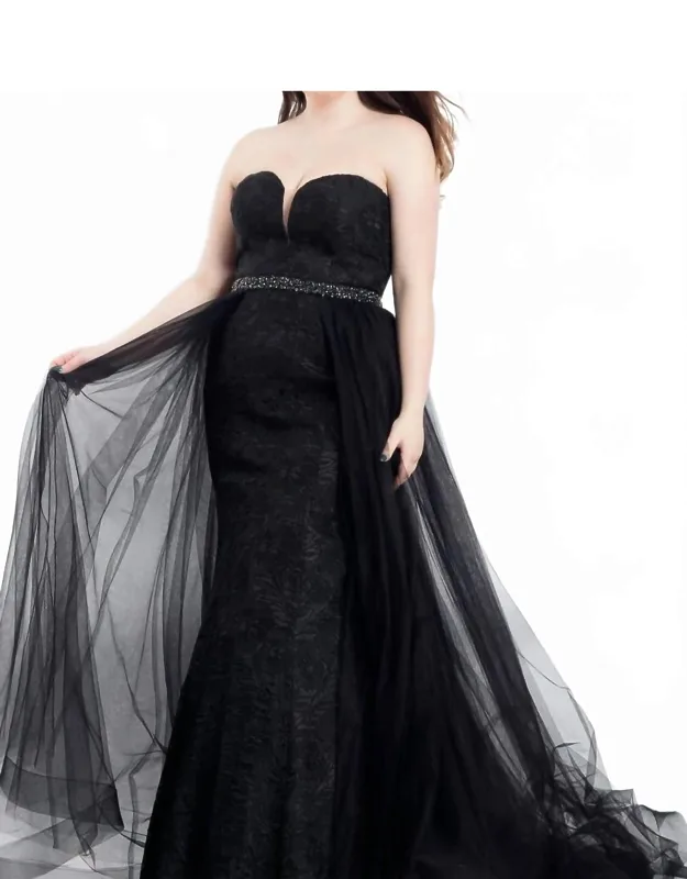 Strapless Lace Floral Prom Dress With Overskirt