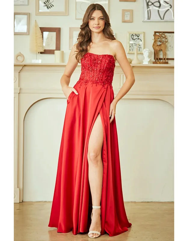 Strapless Lace Bodice Chiffon Evening Dress With Slit