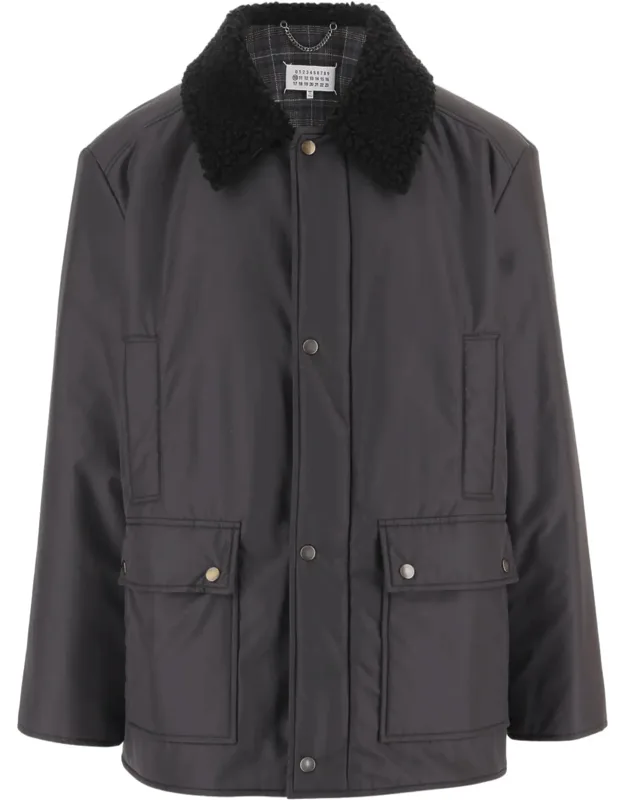 Nylon Jacket With Synthetic Shearling Collar And Front Patch Pockets