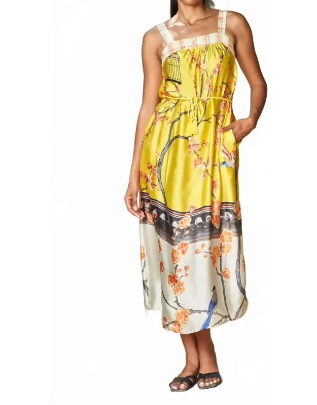 Bird & Floral Printed Charmeuse Maxi Dress