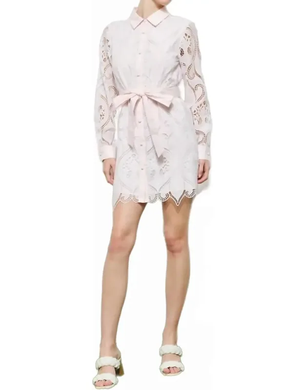 Lace Embroidered Waist Tie Long Sleeve Mini Dress