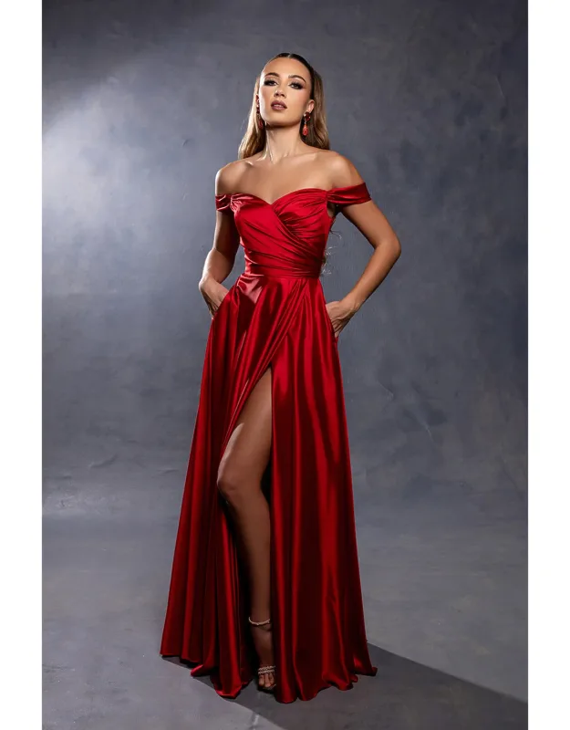 Off Shoulder Satin Dress With High Slit Pockets & Corset Lace-up Back
