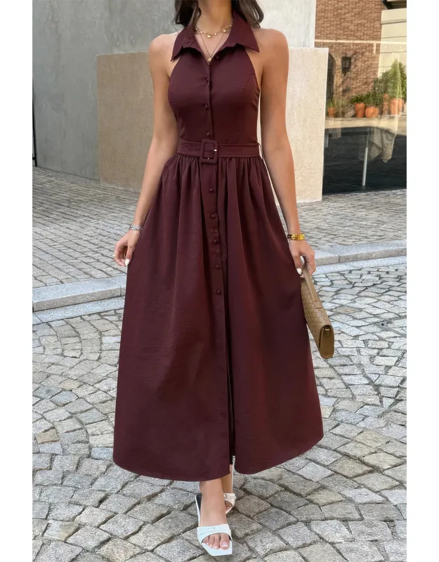 Collared Belt Sleeveless A-line Midi Dress