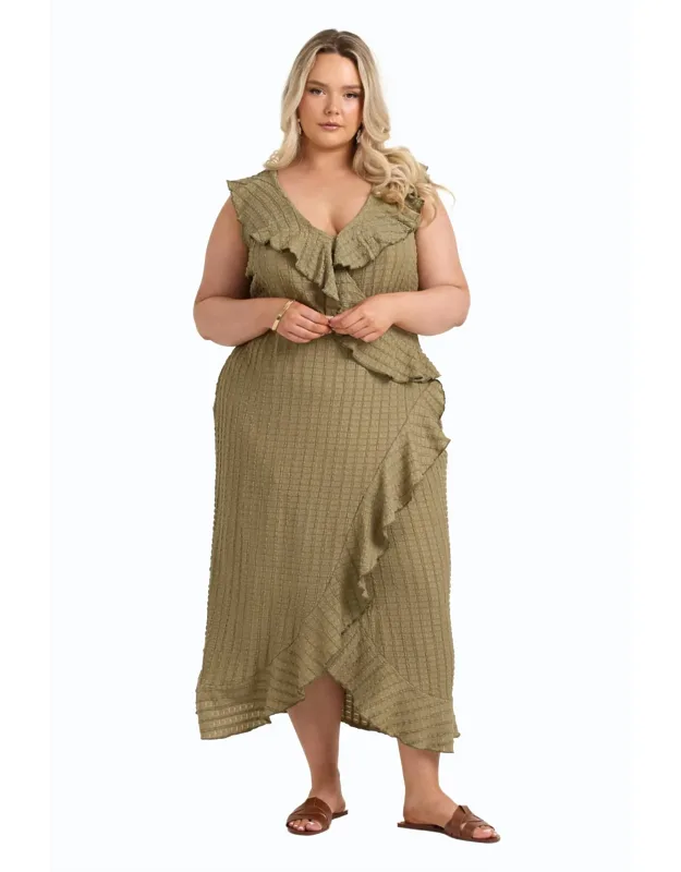 Ruffle Wrap Sleeveless Midi Dress