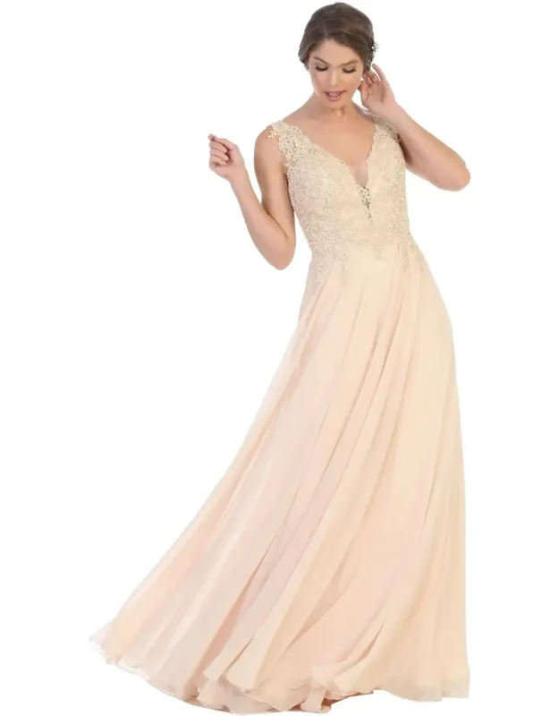 Lace Bodice Chiffon A-line Formal Evening Dress With V-neck And Open Back