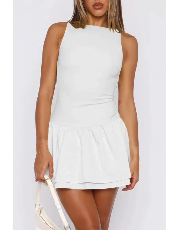Boat Neck Sleeveless Ruched Ruffle Hem Mini Dress