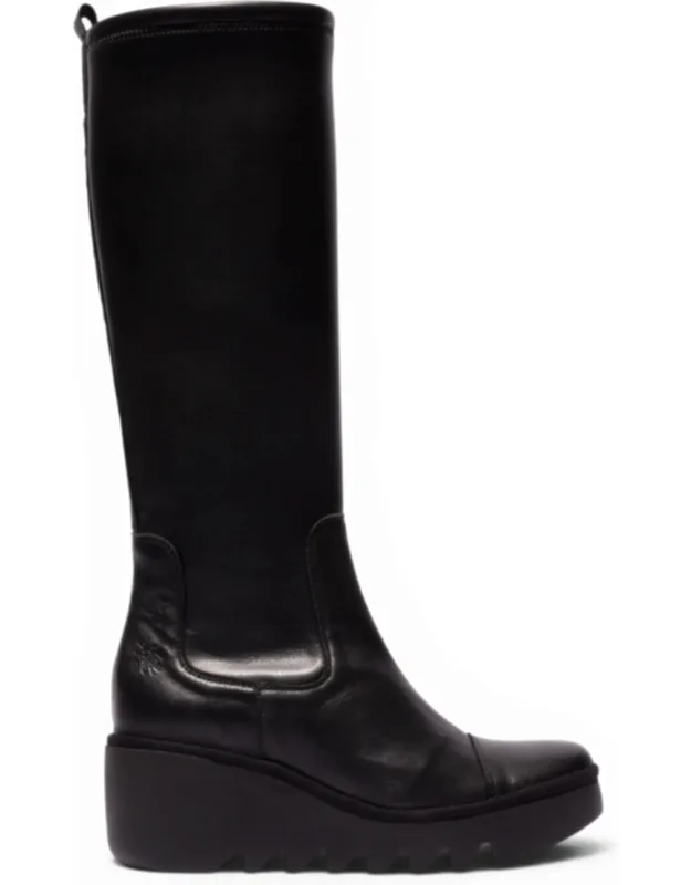 Leather High Wedge Heel Long Boots