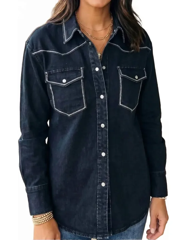 Contrast Stitching Pearl Snap Denim Western Shirt