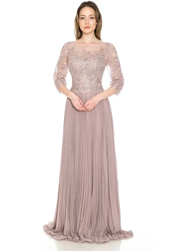 Pleated A-line Dress With Lace Bodice & 3/4 Sleeves