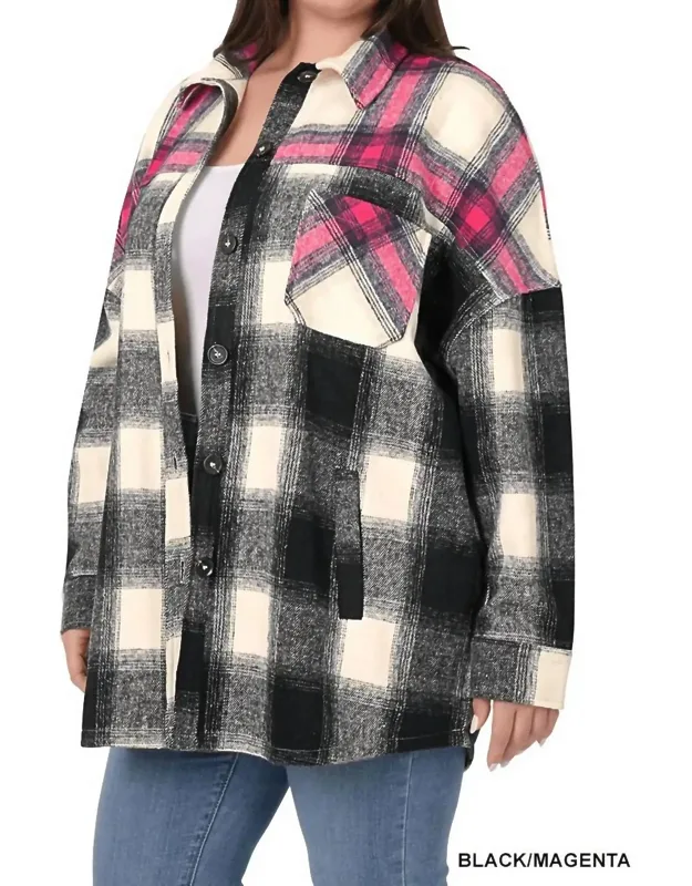 Plaid Flannel Long Line Shirt Jacket With Pockets