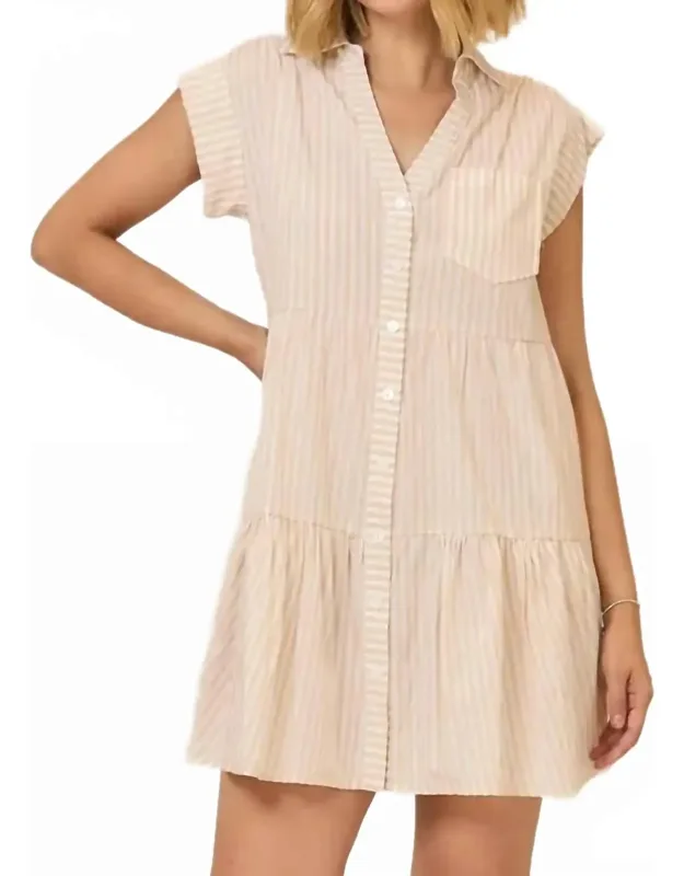 Stripe Cap Sleeve Tiered Button Down Mini Dress