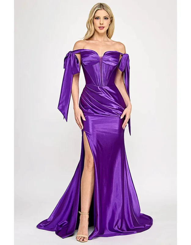 Satin Off-shoulder Corset Gown With Draped Skirt & Side Slit