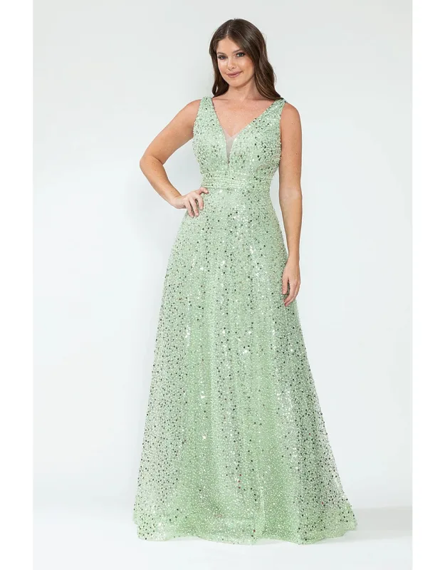Sequin A-line Evening Gown With Deep V-neck And Glitter Beaded Waist