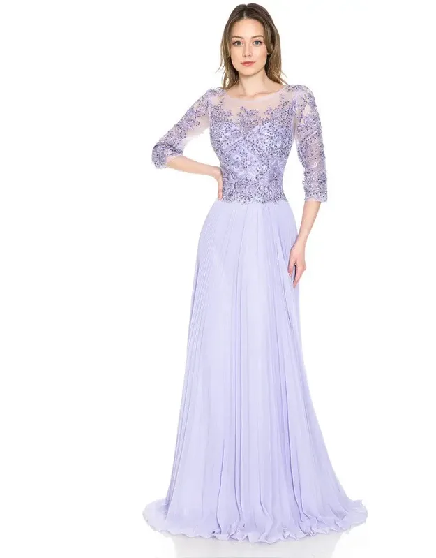 Pleated A-line Dress With Lace Bodice & 3/4 Sleeves