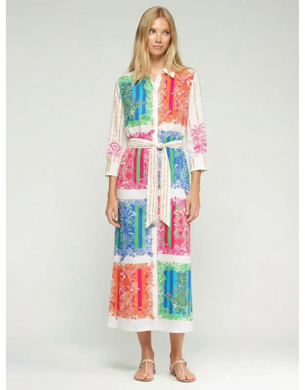Shirt Midi Dress - Tropical Bamboo Print With Removable Belt