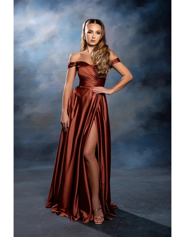 Off Shoulder Satin Dress With High Slit Pockets & Corset Lace-up Back