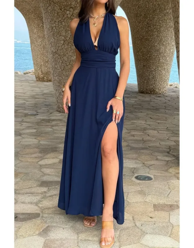 Halter Neck Solid High Slit Bow Tie Maxi Dress