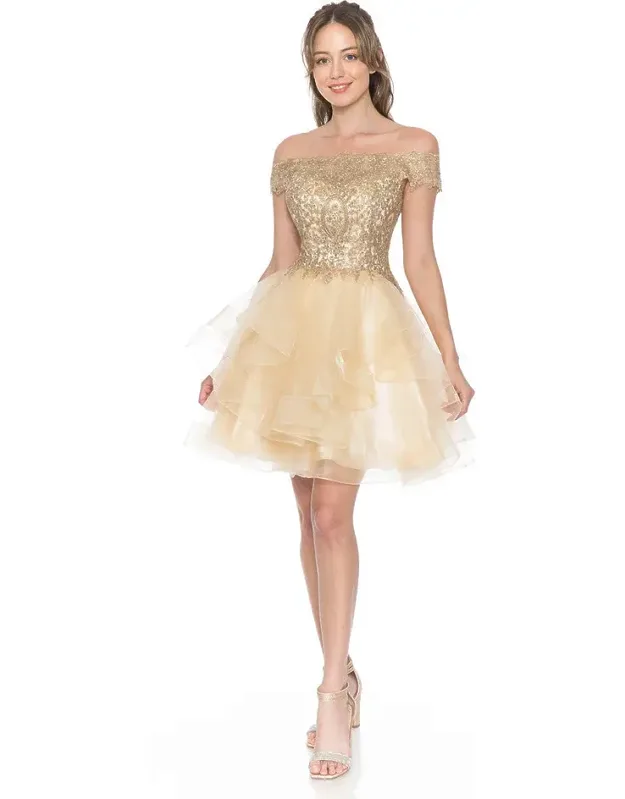Off-shoulder Tulle Dress With Gold Embroidered Bodice