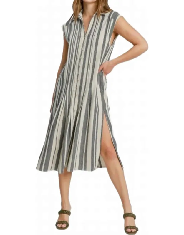 Pintucked Stripe Midi Dress