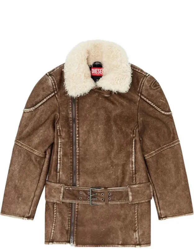 Distressed Leather Coat With Plush Shearling Collar