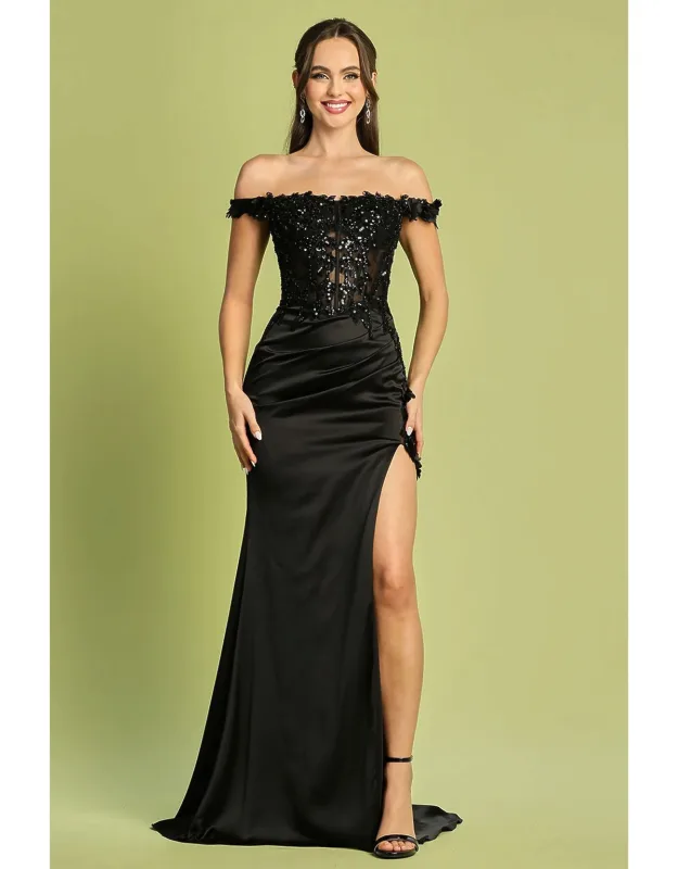 Long 3d Floral Appliqué Off Shoulder Prom Dress