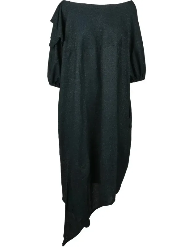 Balloon Lamé Midi Dress With Asymmetric Hem And Puffed Sleeves