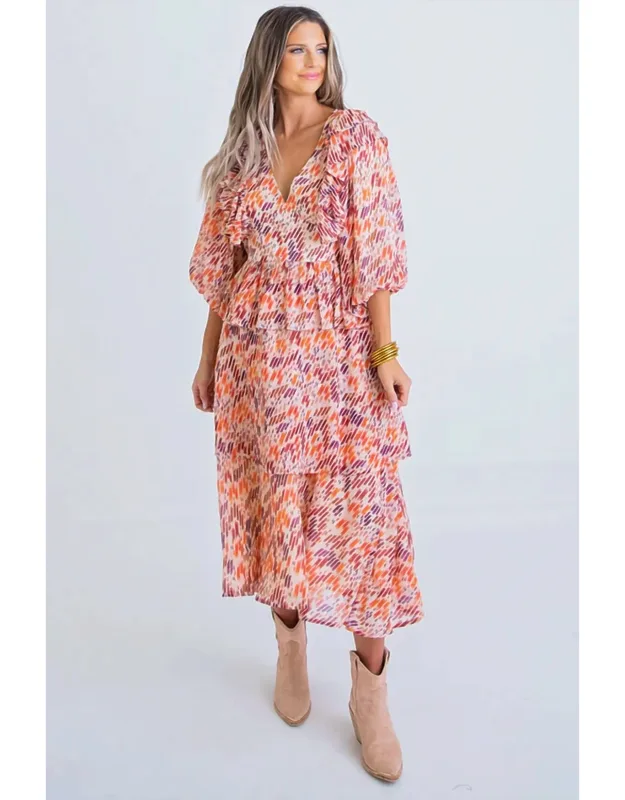 Multi Abstract V-neck Ruffle Midi Dress