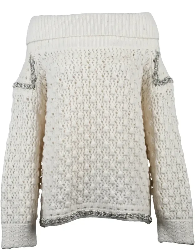Textured Knit High Neck Sweater With Rhinestone Accents