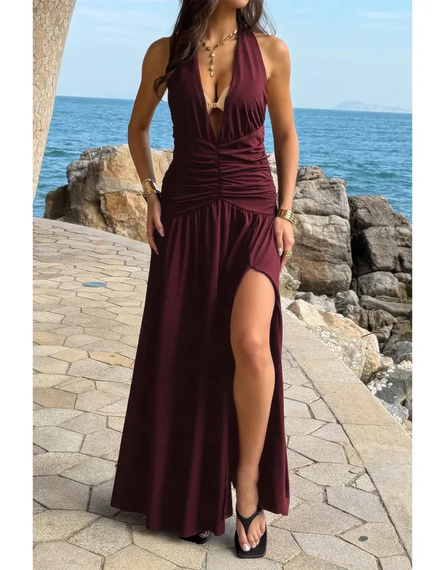 Halter Deep V Neck High Slit Ruched Maxi Dress