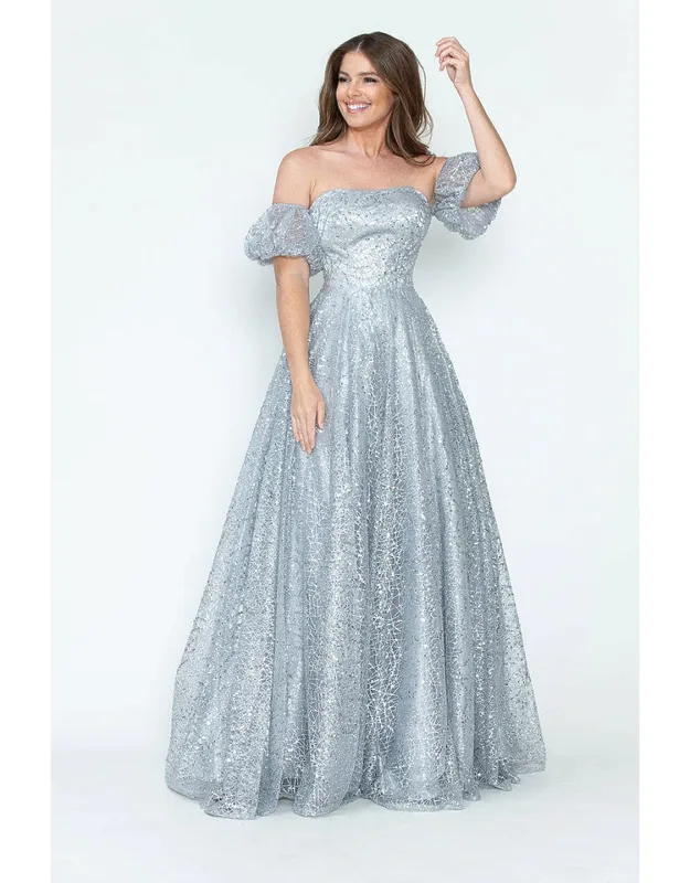 Off-shoulder Puff Sleeve Glitter A-line Formal Dress