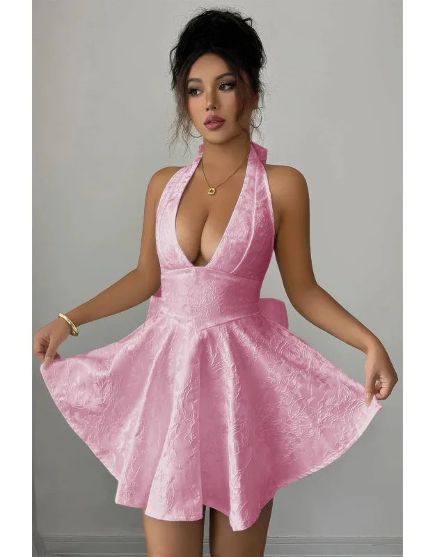 Halter Neck Back Cross Knot Embroidery Dress