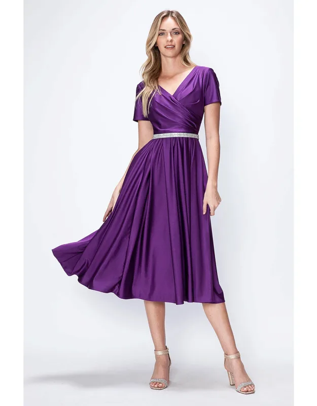 V-neck Short Sleeve Midi Dress With Rhinestone Waistband And Pockets
