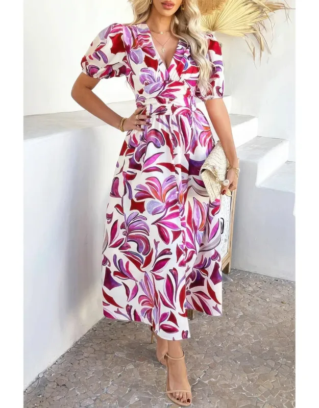 Puff Sleeve V Neck Floral Printed Midi Dress