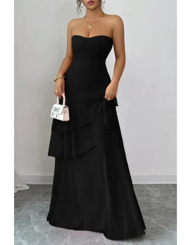 Off Shoulder Cross Back High Waist Layer Maxi Dress
