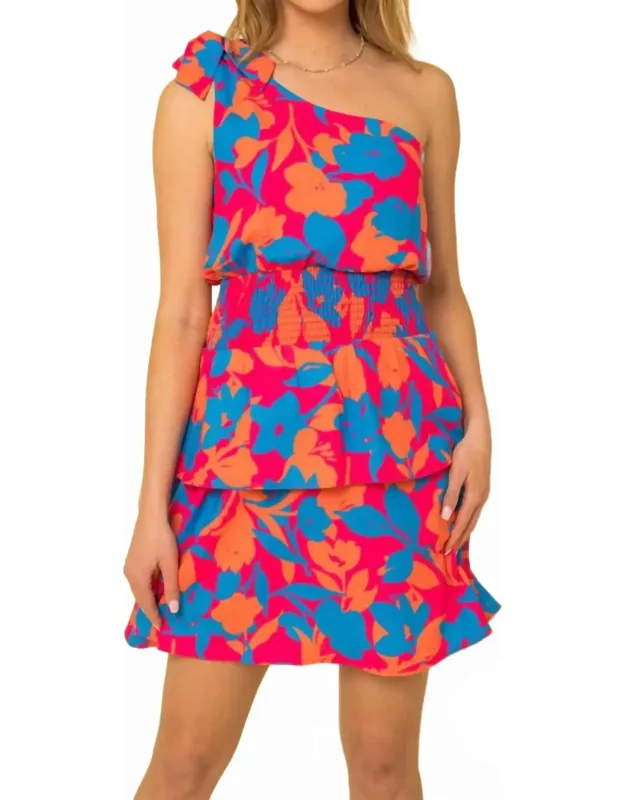 Sleeveless One Shoulder Smocked Floral Dress