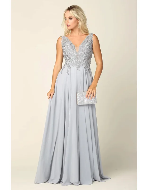 Lace Bodice Chiffon A-line Formal Evening Dress With V-neck And Open Back