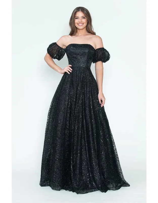 Off-shoulder Puff Sleeve Glitter A-line Formal Dress