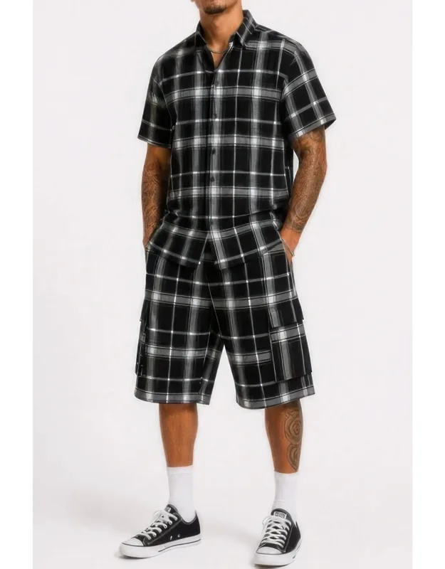 Checkered Shirt And Cargo Shorts Set