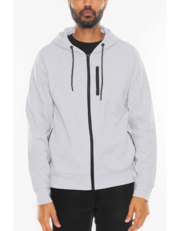 Solid Heathered Zip Up Jacket, Adjustable Drawcord Hood